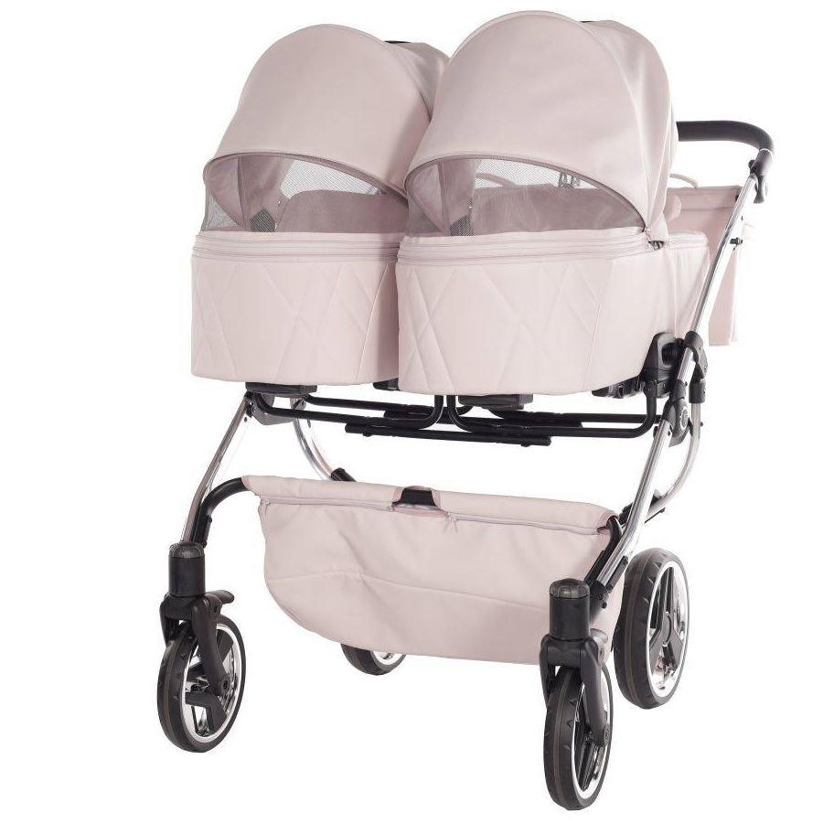 cukierkowy różowy wózek bliźniaczy Junama Duo V3 Eco 3w1 gondola z okienkiem wentylacyjnym 78 cm Dadi-Shop
