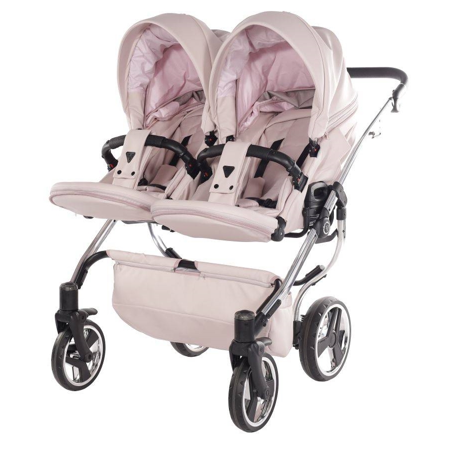 różowy wózek podwójny Junama Duo V3 Eco 3w1  jasny róż 04 - spacerówki jeden obok drugiego Dadi-Shop