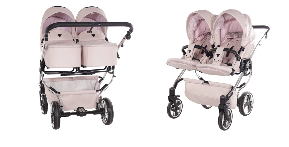 Wózek bliźniaczy 2w1 Junama Duo V3 Eco – spacerówki i gondole w komplecie, kolor 04 róż