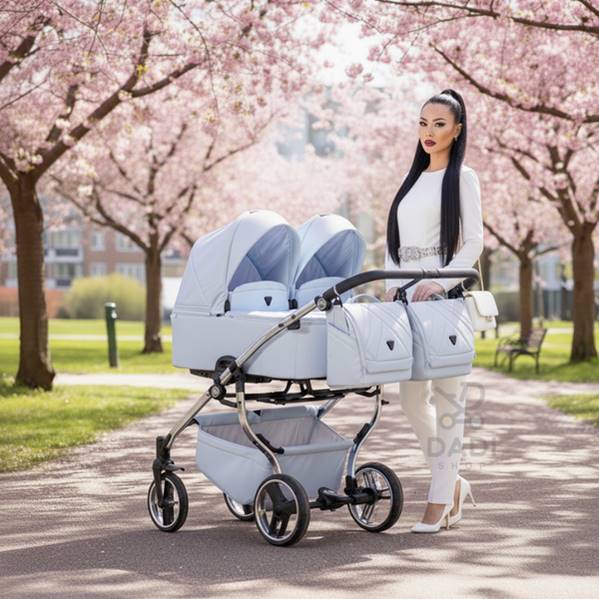 podwójny wózek baby blue junama duo v3 eco w plenerze