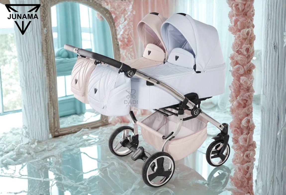 Double pink and blue pram Junama Duo V3 Eco pastel concept.