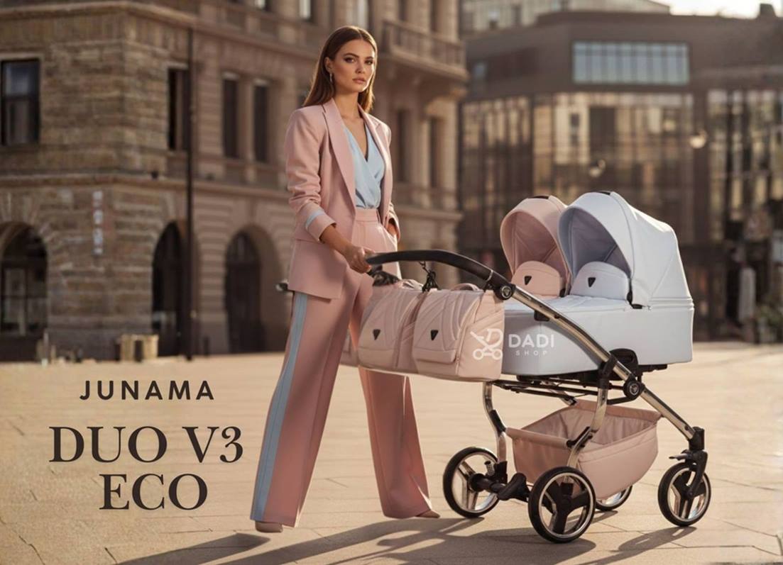 Double pink and blue pram Junama Duo V3 Eco in urban fashion editorial style.