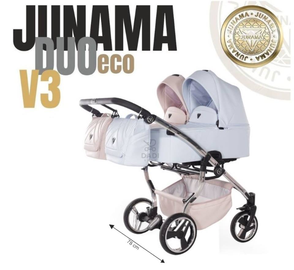 Pink and blue twin pram Junama Duo V3 Eco with carrycots.
