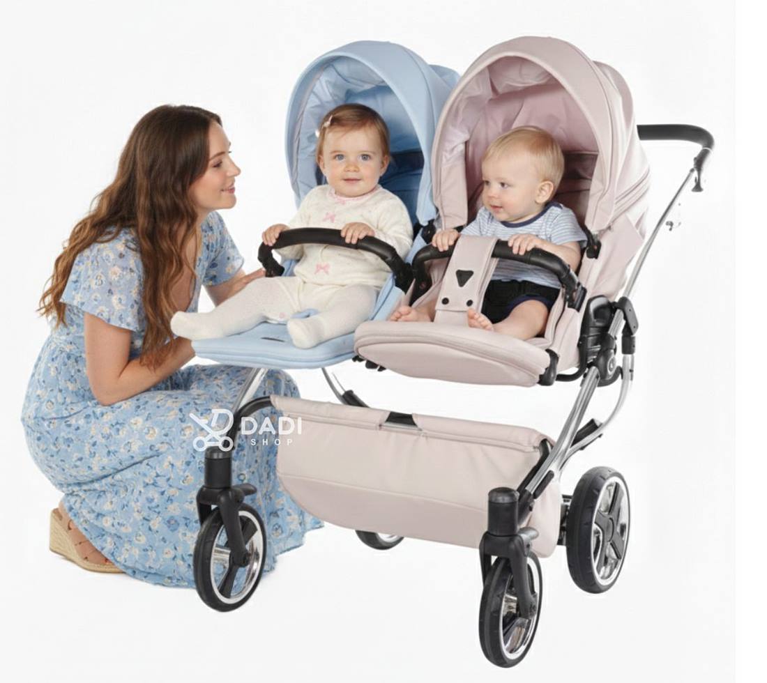 Pink and blue twin stroller seats Junama Duo V3 Eco for toddler girl and boy.