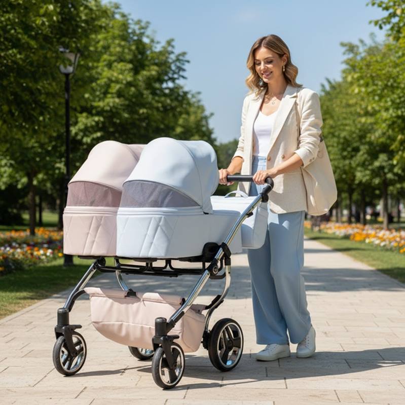 Szczęśliwa mama z wózkiem bliźniaczym Junama Duo V3 Eco 2w1 pudrowy róż i błękit, pokazana wentylacja w gondolach na świeżym powietrzu.