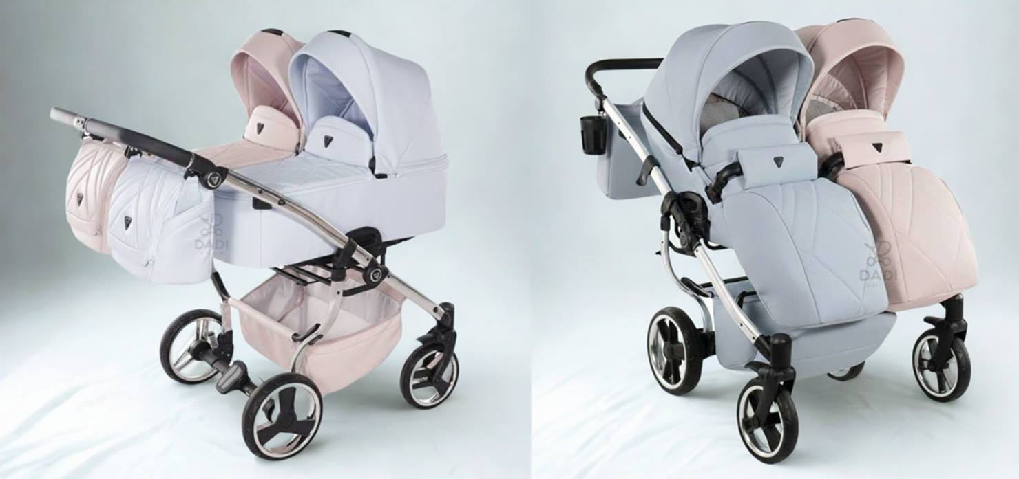 Junama Duo V3 Eco wózek bliźniaczy – dwie gondole i spacerówki na stelażu, dwukolorowy róż i błękit, studio.