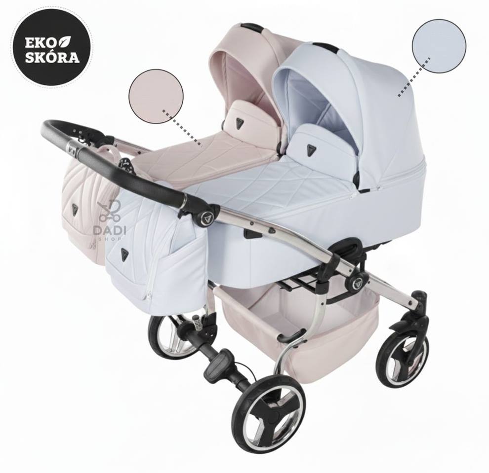 Infografika Junama Duo V3 Eco – gondola dla bliźniąt z ekoskórą i ochroną UPF 50.