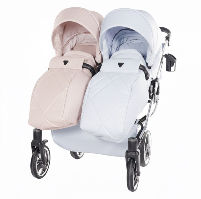 Junama Duo V3 Eco wózek spacerowy dla bliźniaków niebiesko różowy -widok przód.