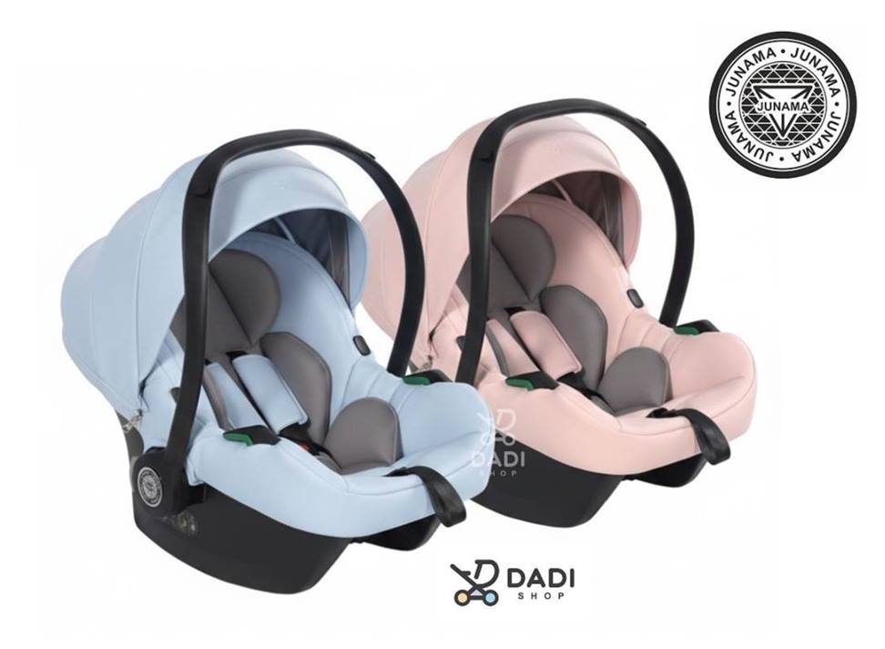 Foteliki dla bliźniąt Junama Duo V3 – różowy i niebieski zestaw dla dziewczynki i chłopca.