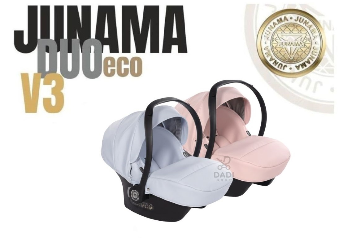 Twin travel system with 2 car seats – blue and pink Junama Duo stroller for twins.