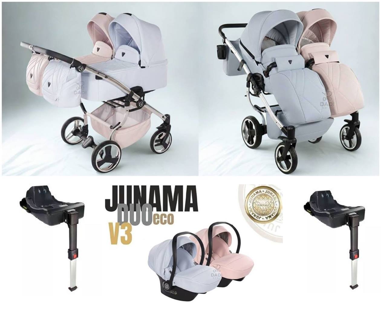 Wózek bliźniaczy 4w1 – kompletny zestaw z fotelikami i bazami ISOFIX.