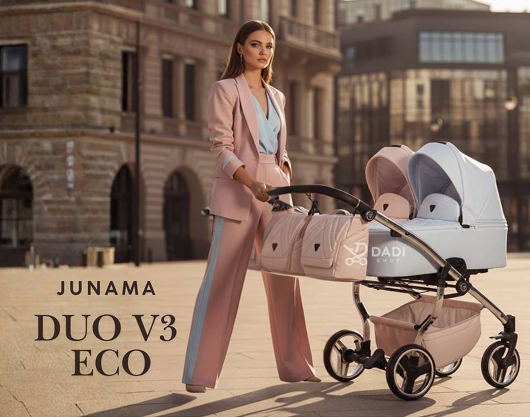 Wózek bliźniaczy wielofunkcyjny obok siebie w plenerze – nowoczesny, premium design.