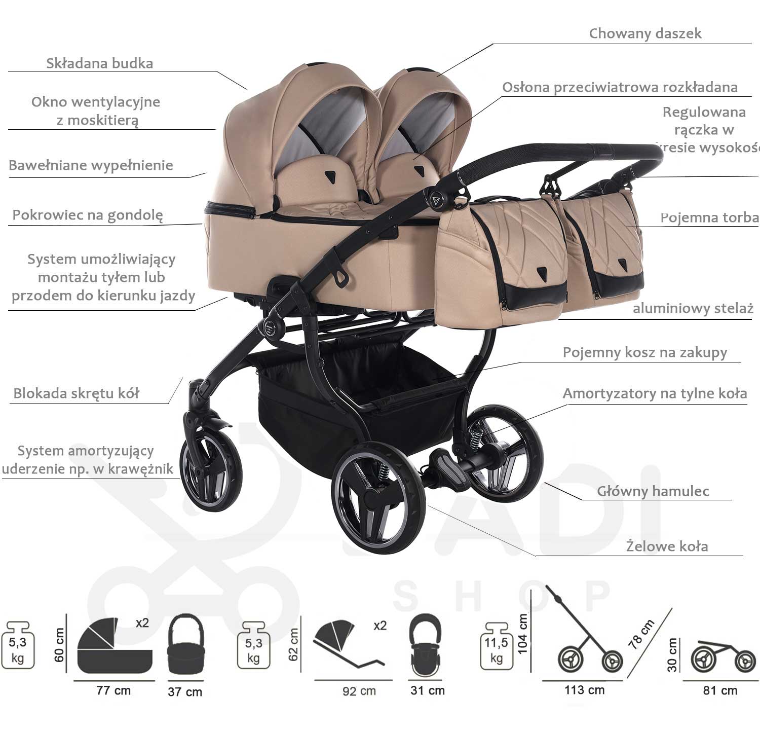 infografika o wózku junama duo v3 eco wymiary, waga, funkcje