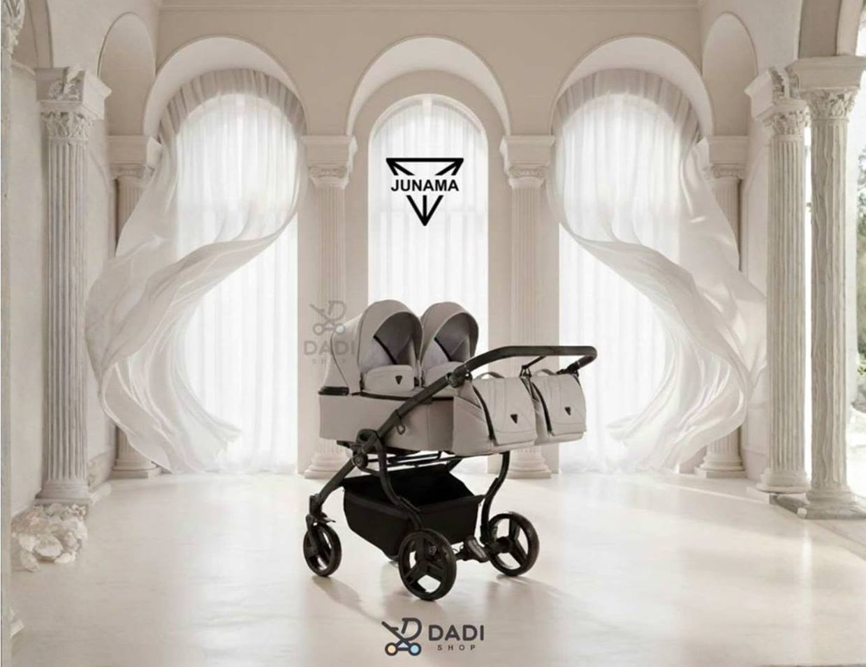 Wózek bliźniaczy 3w1 Junama Duo V3 Eco – zdjęcie produktowe w studio. Dadi-shop