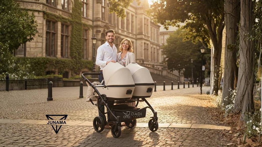 Szczęśliwi rodzice w plenerze przy wózku bliźniaczym Junama Space Duo Eco 02 Latte w pełnym zestawie 3w1.