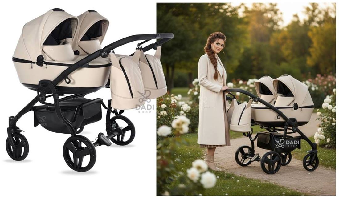 Elegancka sesja spacerowa z wózkiem wielofunkcyjnym 3w1 Junama Space Duo w kolorze beige (02 Latte) na lekkim stelażu.