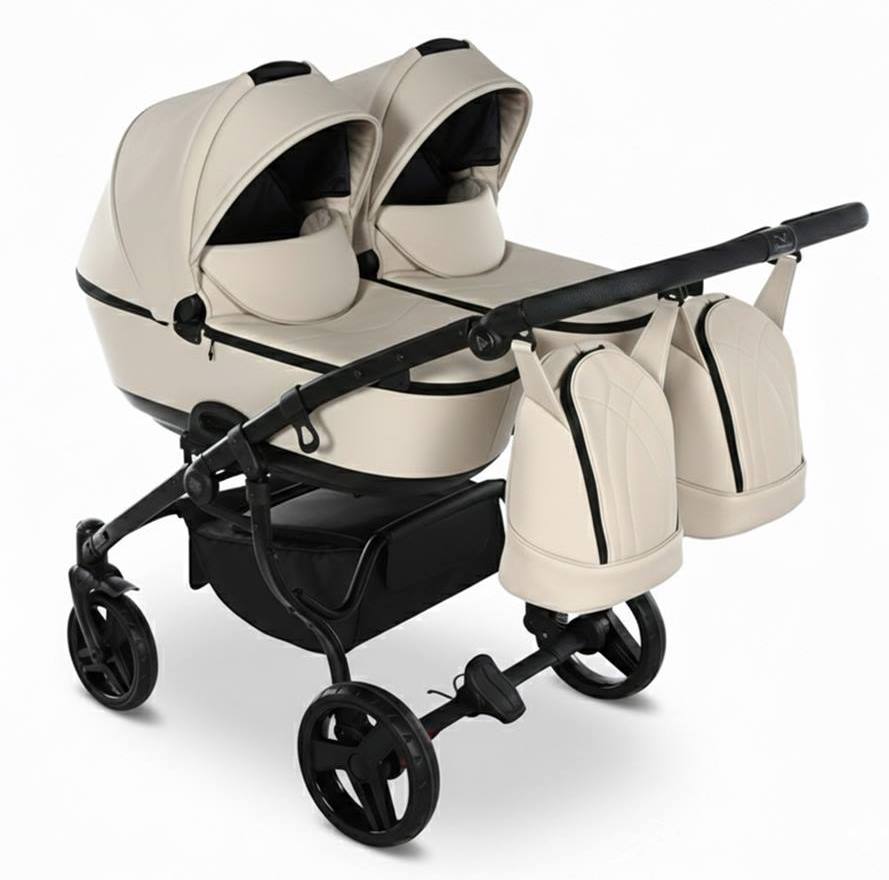 Widok z przodu na gondole Junama Space Duo Eco 02 Latte z widocznym systemem płynnej regulacji wysokości zagłówka.