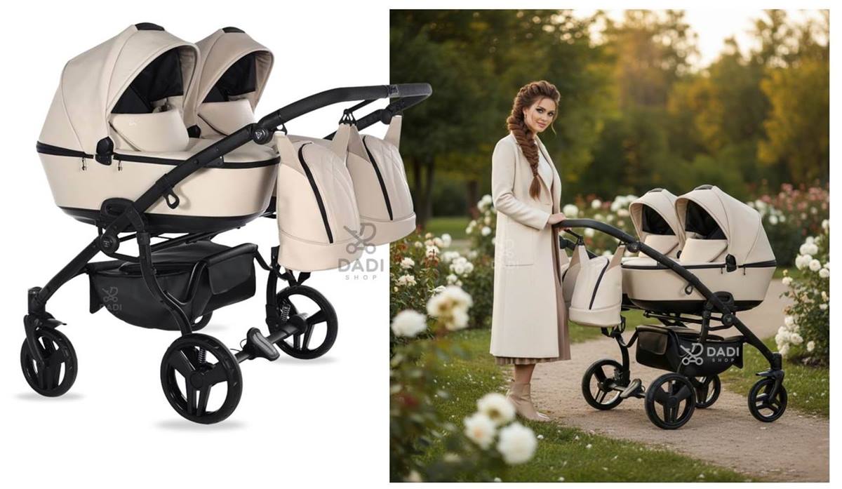 Side-by-side double stroller Junama Duo in latte beige color during a relaxing family walk outdoors.