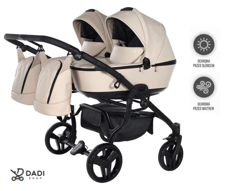 Dwie gondole w wózku bliźniaczym Junama Space Duo ECO z rozbudowanymi budkami zapewniającymi ochronę przed słońcem, wiatrem i zmiennymi warunkami pogodowymi.
