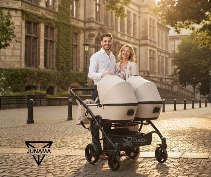 Rodzice na spacerze z wózkiem bliźniaczym Junama Space Duo ECO w beżowej eko skórze.