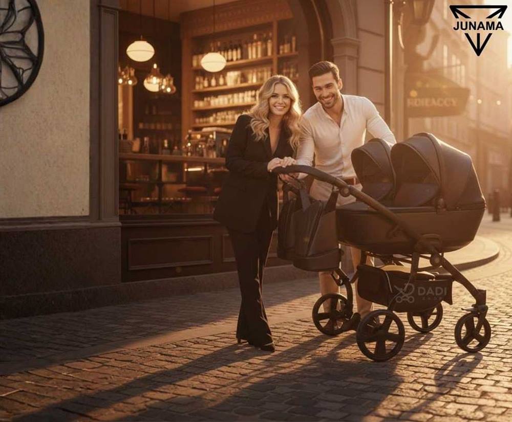 Twin travel system ready to go, outdoors photoshoot.