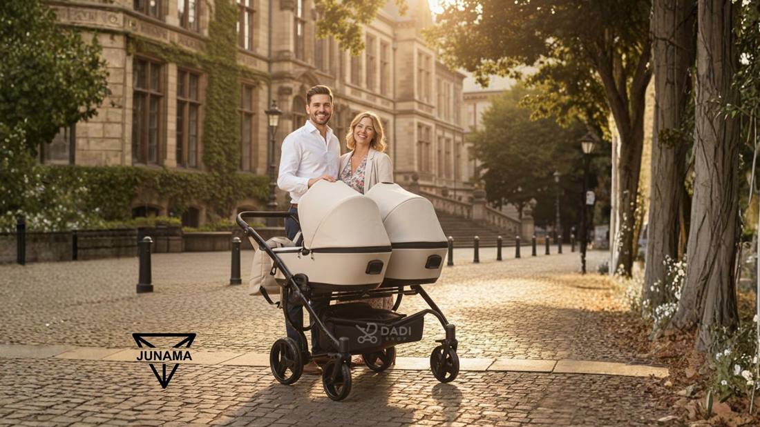 Szczęśliwa mama i tata z bliźniakami przy wózku Junama Space Duo ECO podczas rodzinnego spaceru.