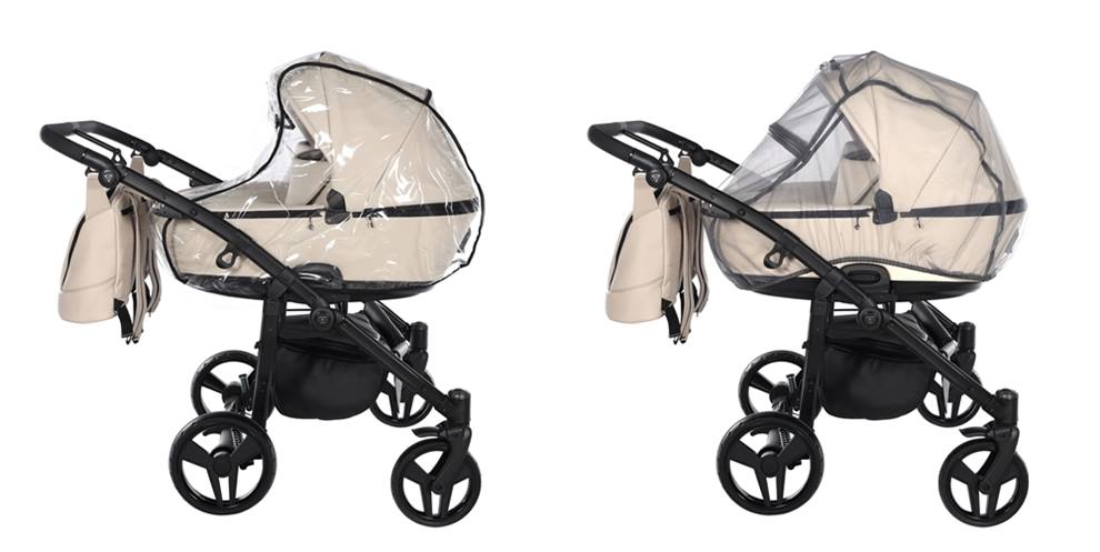 Akcesoria do wózka bliźniaczego Junama Space Duo Eco w kolorze beżowym – moskitiera i folia przeciwdeszczowa chroniące dzieci podczas spaceru.