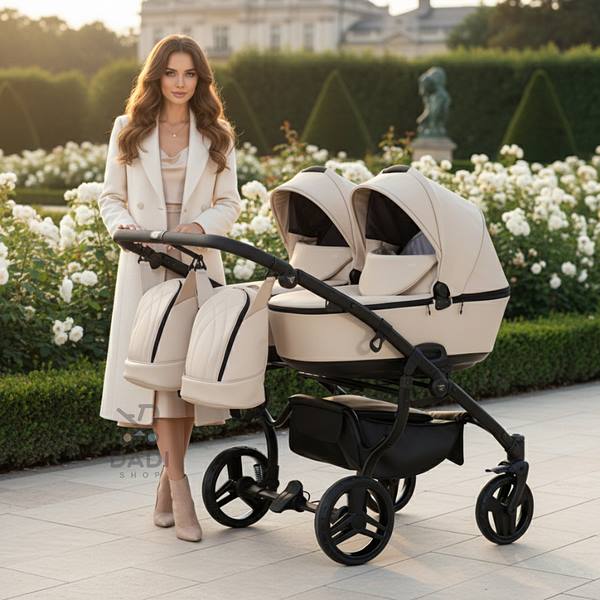 Ekskluzywny wózek bliźniaczy Junama Space Duo 2w1 z eko-skóry w kolorze ecru, prezentowany przez modelkę w ogrodzie pełnym kwiatów.