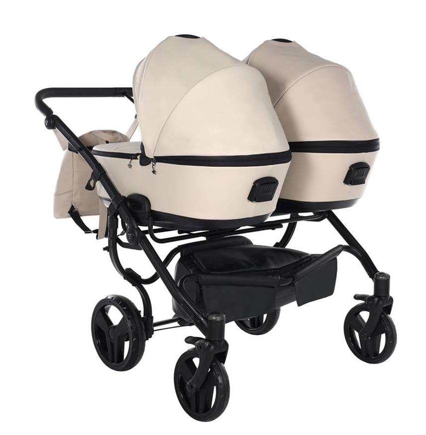 Żelowe koła i amortyzacja w wózku bliźniaczym Junama Space Duo Eco 02.