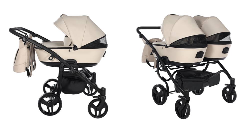 Wózek podwójny Junama Space Duo Eco 2w1 w kolorze ecru z okienkami wentylacyjnymi w gondolach, zapewniającymi lepszą cyrkulację powietrza.
