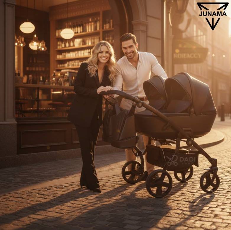 Parents in a stylish session with Junama Space Duo 03. Luxury black eco-leather twin pram.