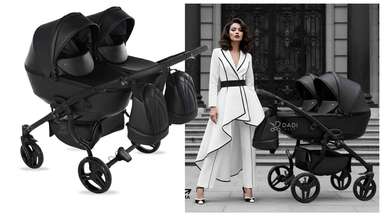 legancki wózek bliźniaczy Junama Space Duo 03 Black w sesji lifestyle z modelką. Czarna eko-skóra i nowoczesny design w Dadi-Shop.