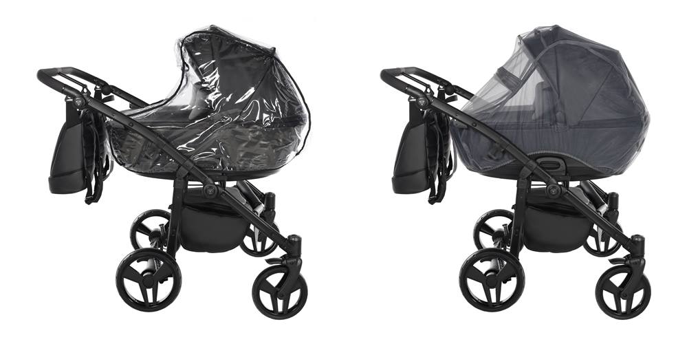 Wyposażenie Junama Space Duo: gondola z folią przeciwdeszczową i moskitierą.