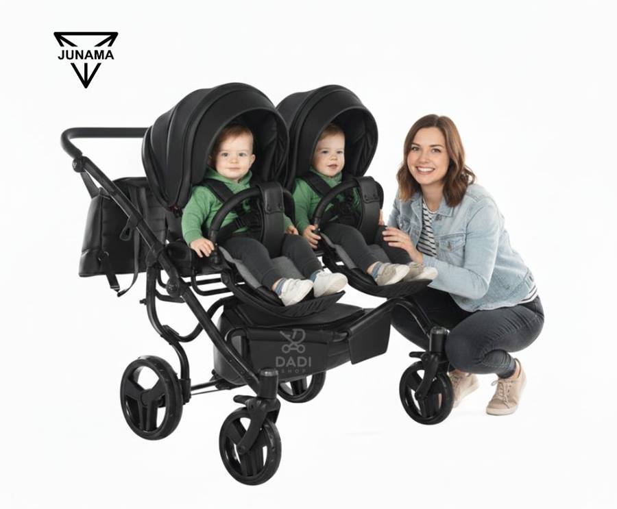 The best twin pram for toddlers: Junama Space Duo with seats side by side. Black eco-leather design.
