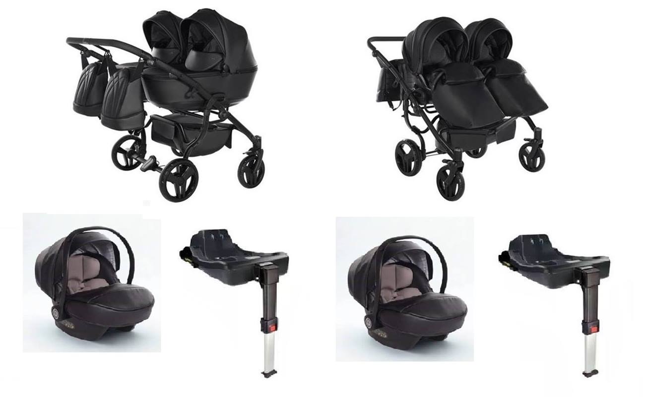 System 4w1 dla bliźniąt: wózek Junama Black, dwa foteliki Avionaut i dwie bazy ISOFIX dla maksymalnego bezpieczeństwa.
