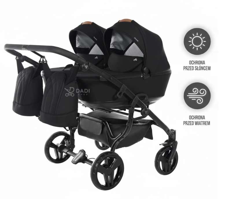 Gondole Junama Space Duo – infografika pokazująca ochronę przed słońcem, wiatrem i właściwości materiału.