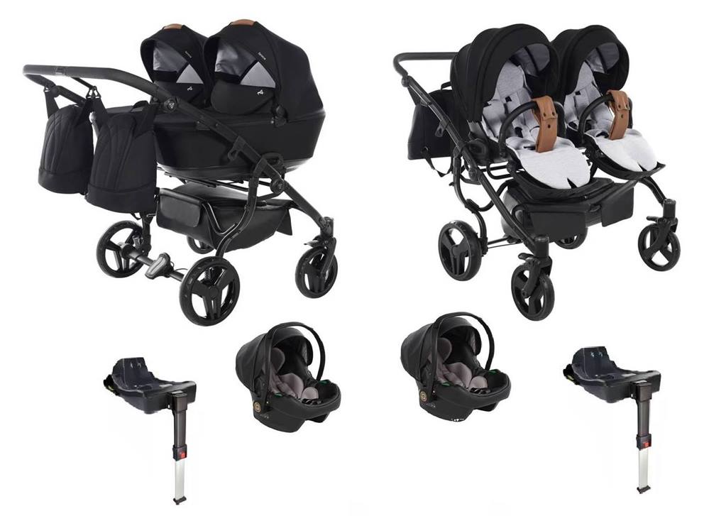 Junama Space Duo 4w1 – wózek bliźniaczy z gondolami, spacerówkami, fotelikami i bazą, kompletny zestaw dla dwójki dzieci.
