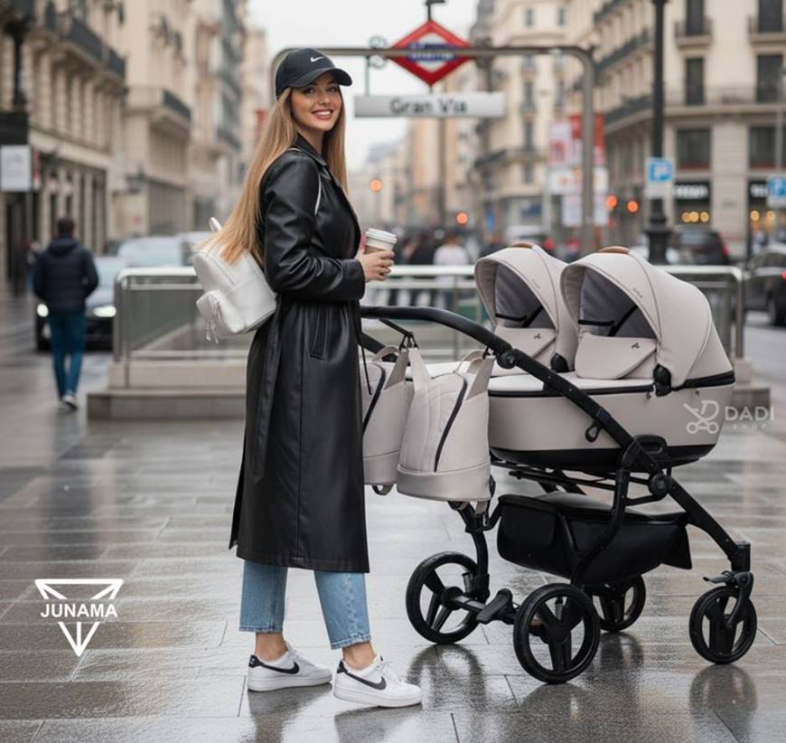 Junama Space Duo twin stroller on a city walk with model – comfortable and stylish double pram for twins.