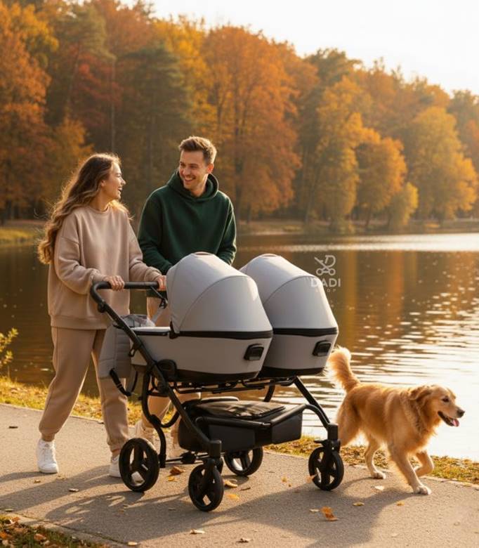 Wózek bliźniaczy Junama Space Duo Green – para spaceruje z wózkiem bliźniaczym wzdłuż jeziora jesienią, lifestyle