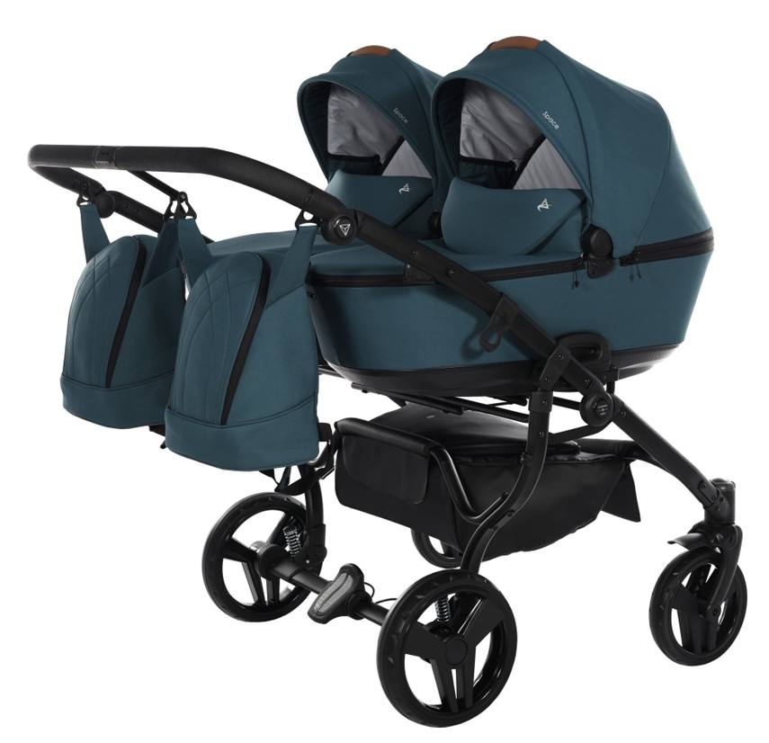 Wózek bliźniaczy 4w1 Junama Duo Space 03 Green. Dwie gondole obok siebie.