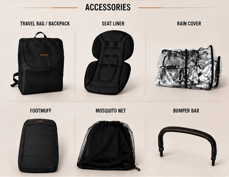 Wyposażenie wózka JUNAMA AVIATOR Carbon Black prezentujące akcesoria w zestawie