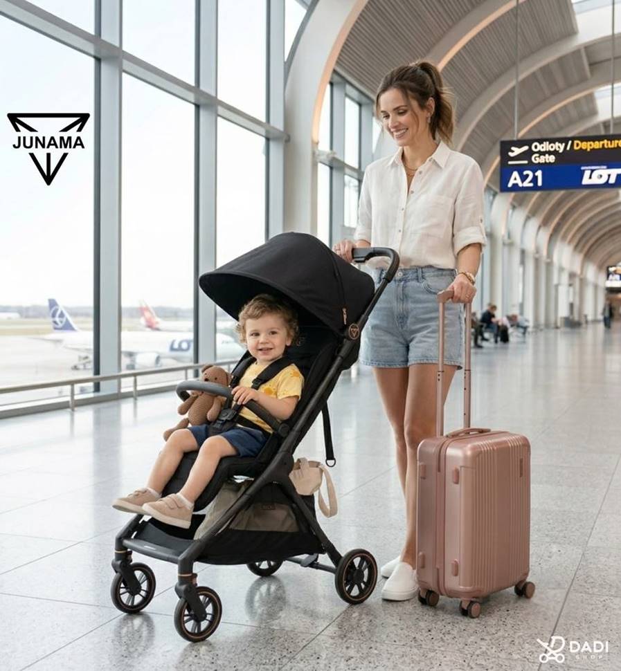 Mama z dzieckiem korzystająca z wózka JUNAMA AVIATOR Carbon Black podczas rodzinnej podróży