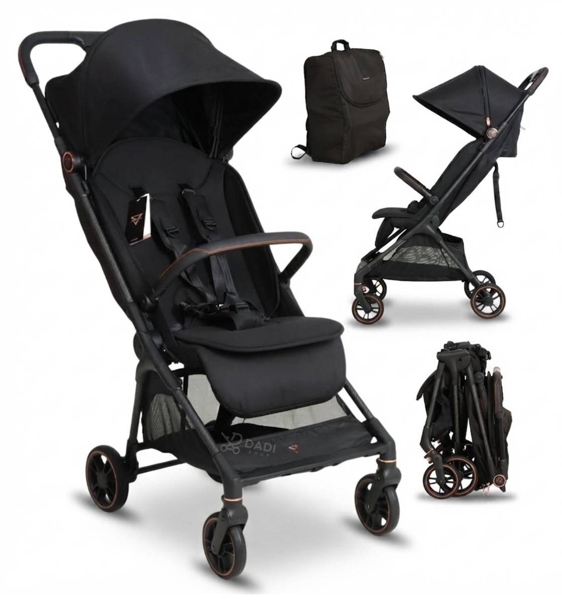 JUNAMA AVIATOR Carbon Black w różnych perspektywach złożony i rozłożony z plecakiem transportowym