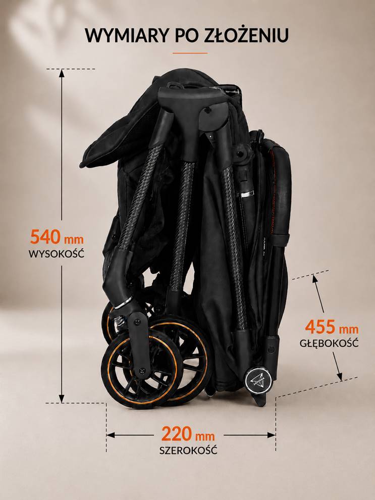 Kompaktowy wózek JUNAMA AVIATOR Carbon Black po złożeniu z oznaczonymi wymiarami