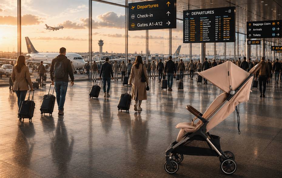 JUNAMA AVIATOR Sand beżowa spacerówka na lotnisku w hali odlotów z podróżnymi w tle