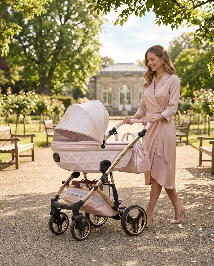 Elegancka kobieta w pudroworóżowej sukience prowadzi wózek głęboki Junama Candy Premium w ogrodzie, z widocznym okienkiem wentylacyjnym w budce.