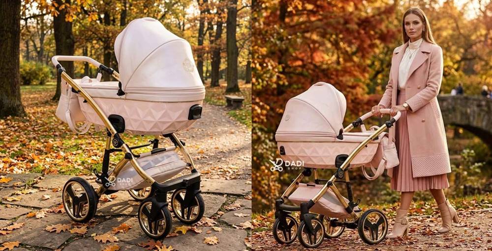 Prezentacja wózka Junama Candy Premium 01 w plenerze: z bliska na kamiennej alejce oraz w użyciu przez elegancką kobietę w jesiennym parku. Luksusowy model.