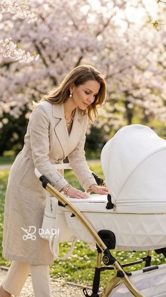 A woman leaning over a white Junama Candy Premium 02 White bassinet stroller in a park with blooming cherry blossoms.