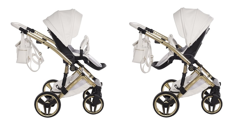 Dwa ujęcia wózka Junama Candy Premium 02 White pokazujące montaż siedziska spacerowego przodem i tyłem do kierunku jazdy.