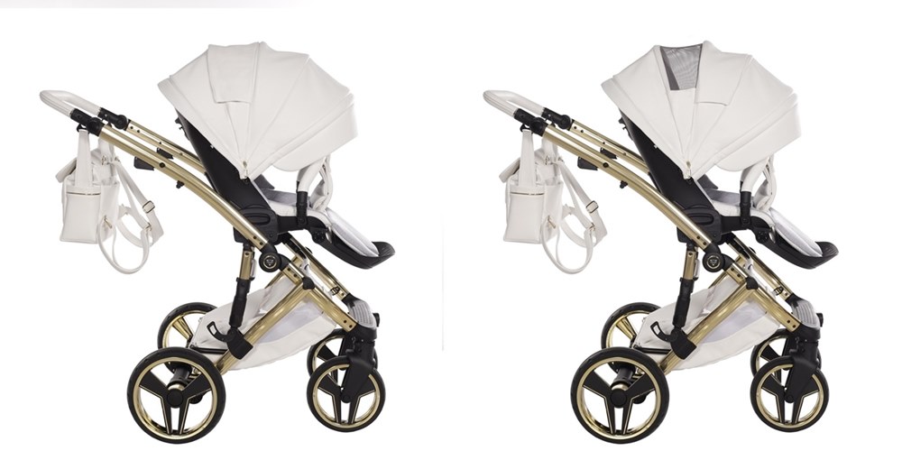 Dwa ujęcia białego wózka spacerowego Junama Candy Premium 02 White z zamkniętą i otwartą wentylacją w budce.